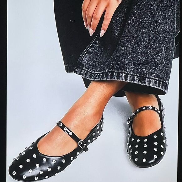 House of Harlow Studded Rhinestone Mary Jane Cross Ballet Flat Black Silver 7 - Picture 1 of 16